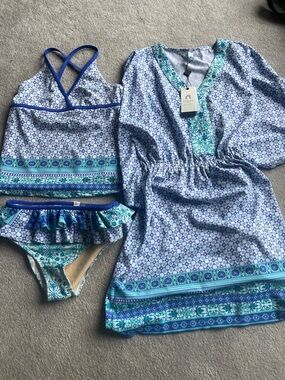 Cabana Life Girls Blue & Teal Patterned Swim Set with Cover-Up